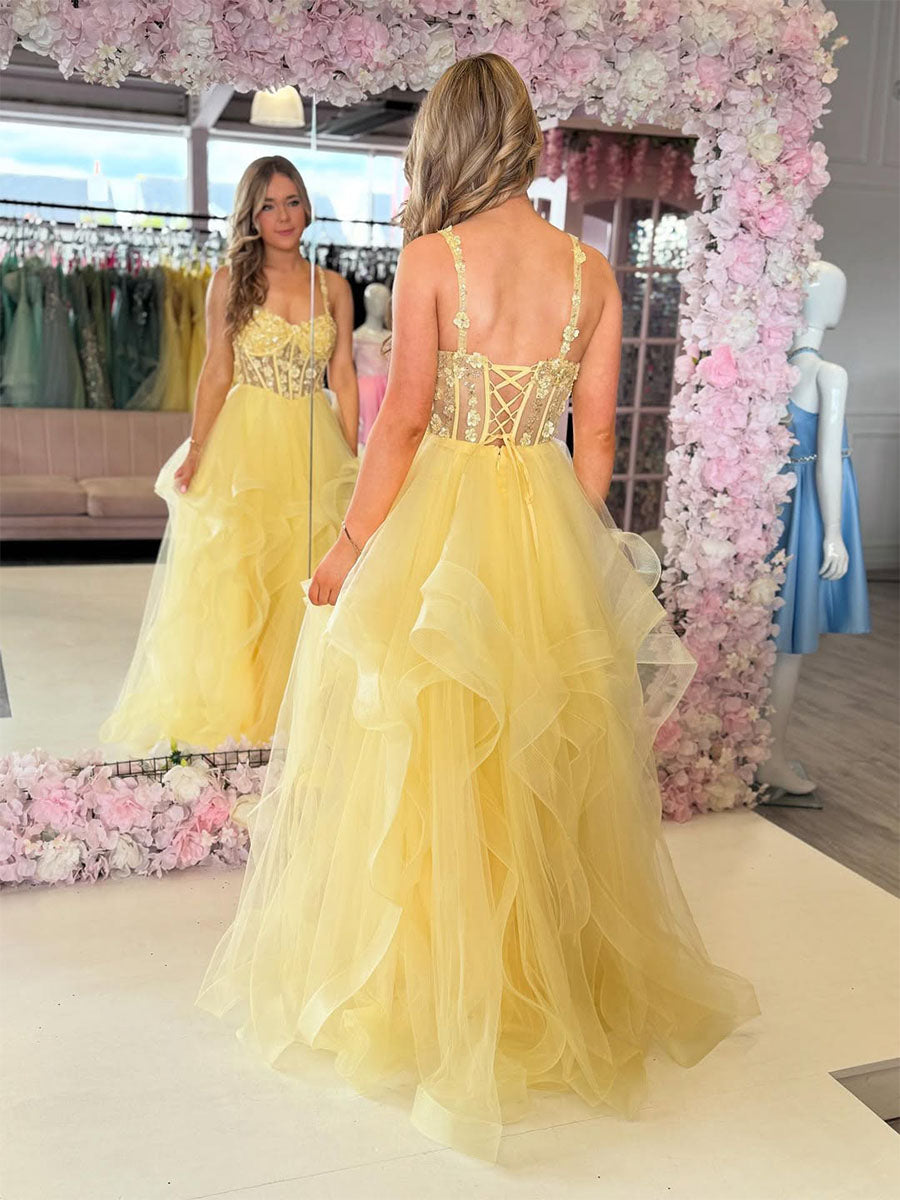 Yellow A-Line Empire-Waist Sweetheart Ruffles Long Prom Dress