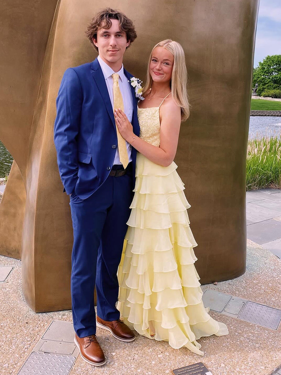 Yellow A Line Appliques Tiered Long Prom Dress with Slit