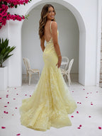 Vestido de Festa Amarelo Floral com Corset Bordado e Fenda, Decote Coração