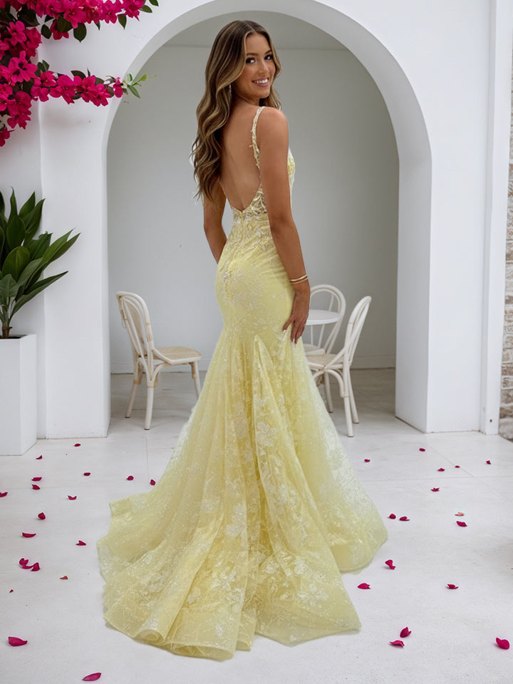 Vestido de Festa Amarelo Floral com Corset Bordado e Fenda, Decote Coração