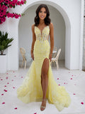 Vestido de Festa Amarelo Floral com Corset Bordado e Fenda, Decote Coração