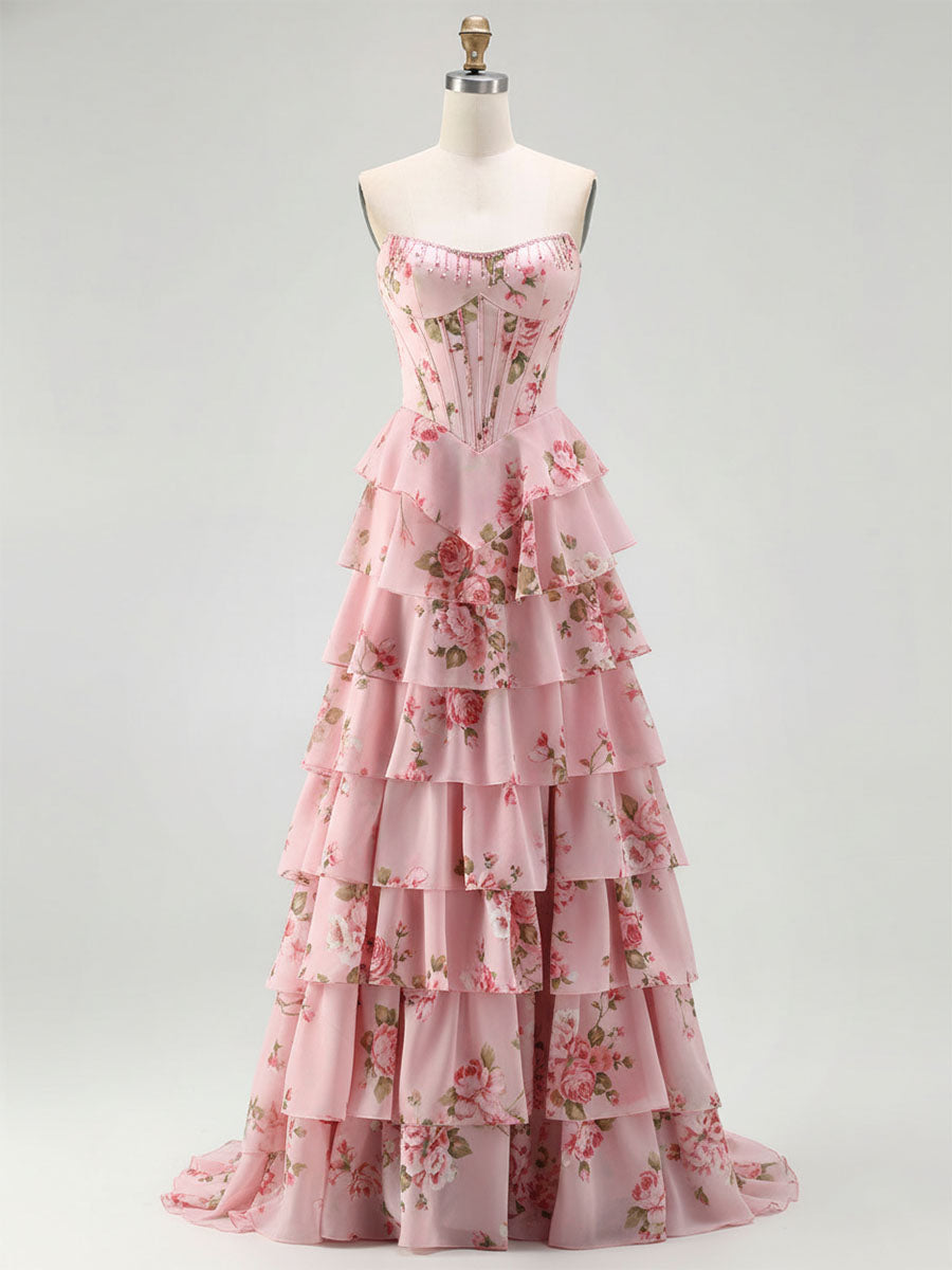 Vestido largo de fiesta con corsé floral amarillo, volantes y abertura