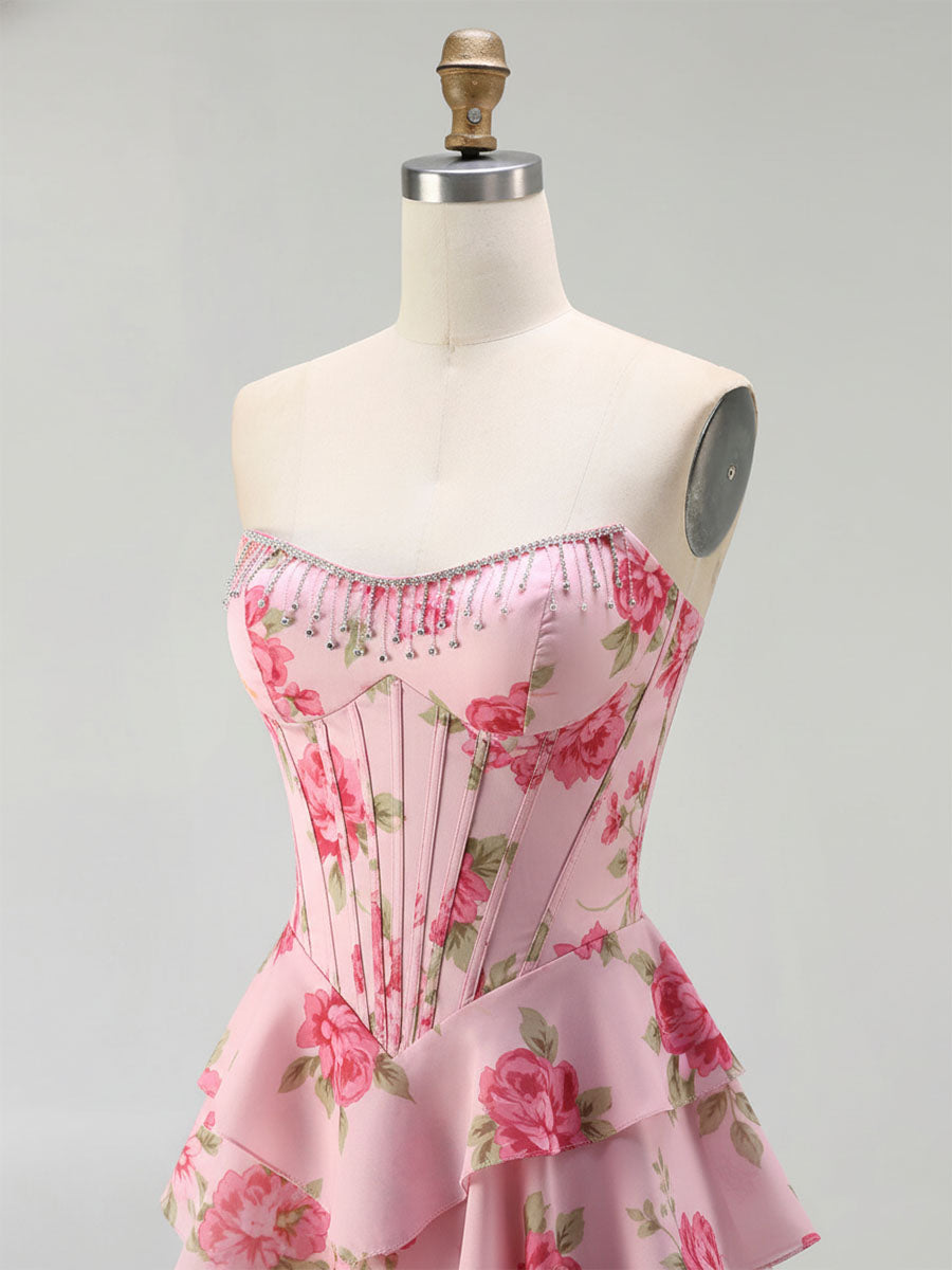 Vestido largo de fiesta con corsé floral amarillo, volantes y abertura