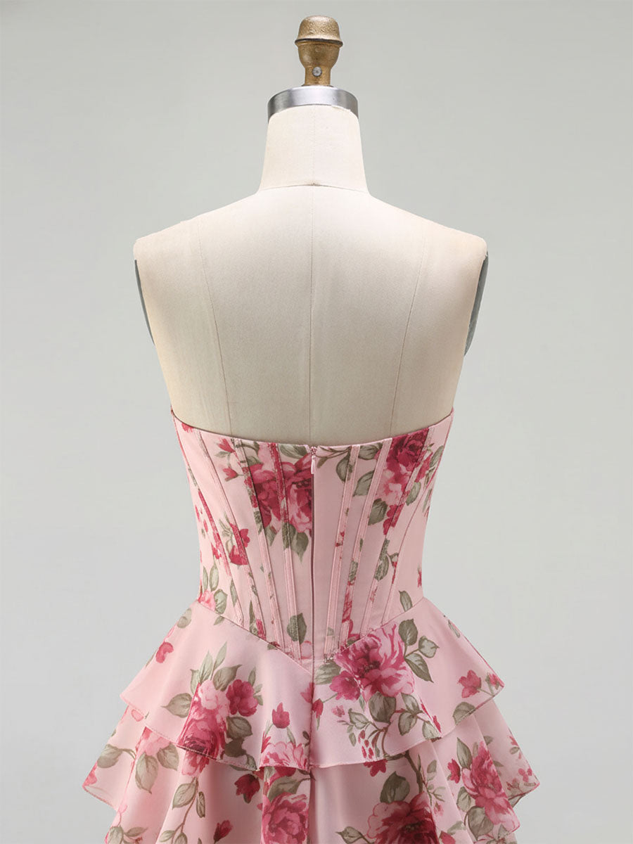 Vestido largo de fiesta con corsé floral amarillo, volantes y abertura