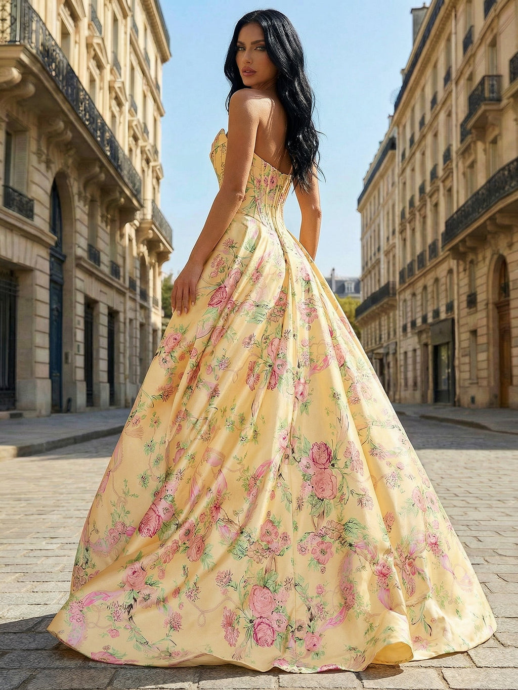 Gelbes A-Linien Satin-Korsett-Abendkleid mit trägerlosem Blumenmuster