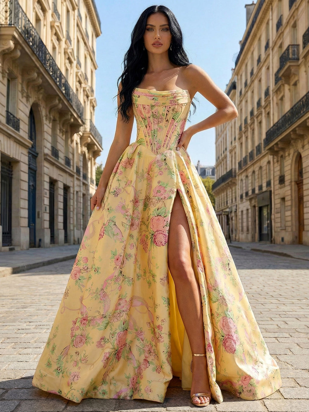 Gelbes A-Linien Satin-Korsett-Abendkleid mit trägerlosem Blumenmuster