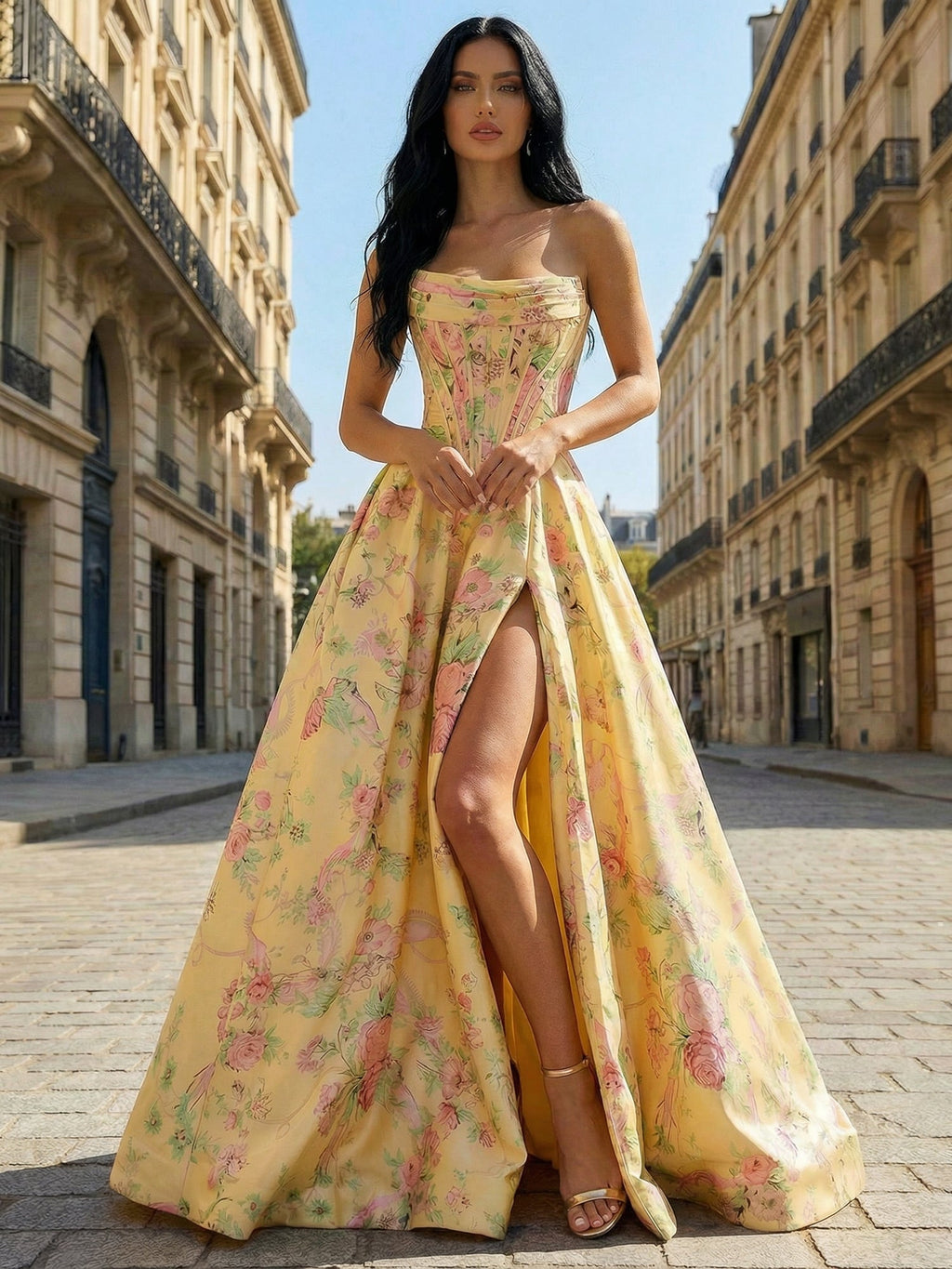 Gelbes A-Linien Satin-Korsett-Abendkleid mit trägerlosem Blumenmuster