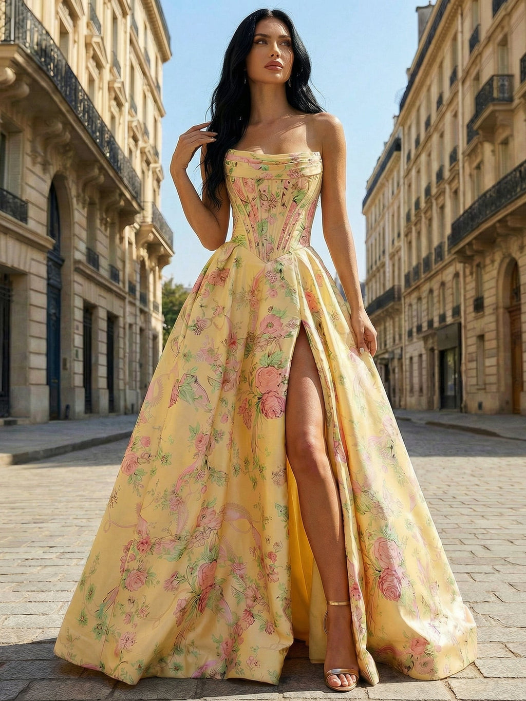 Gelbes A-Linien Satin-Korsett-Abendkleid mit trägerlosem Blumenmuster
