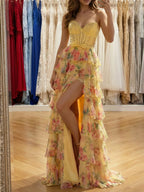 Yellow Floral Strapless Tiered Ruffle Corset Prom Dress with Bow