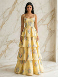 Vestido de fiesta en línea A con volantes y estampado floral amarillo con tirantes trenzados