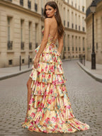 Yellow Floral Tiered Ruffle Long Prom Dress with Keyhole