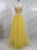 Yellow Metallic Lace Appliqué Tulle Long Prom Dress with Slit
