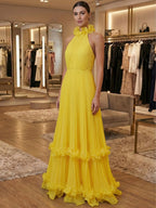 Yellow A Line Pleated Halter Ruffle Long Prom Dress