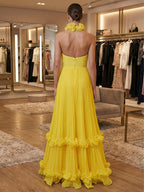 Yellow Pleated Halter Ruffle Long Prom Dress