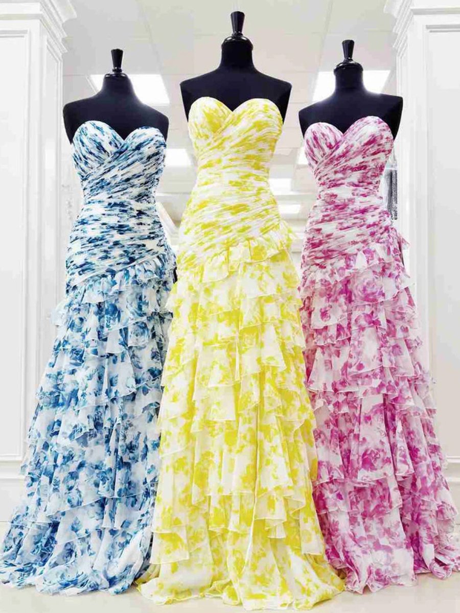 Robe de bal sirène jaune imprimée à volants et étages avec fente