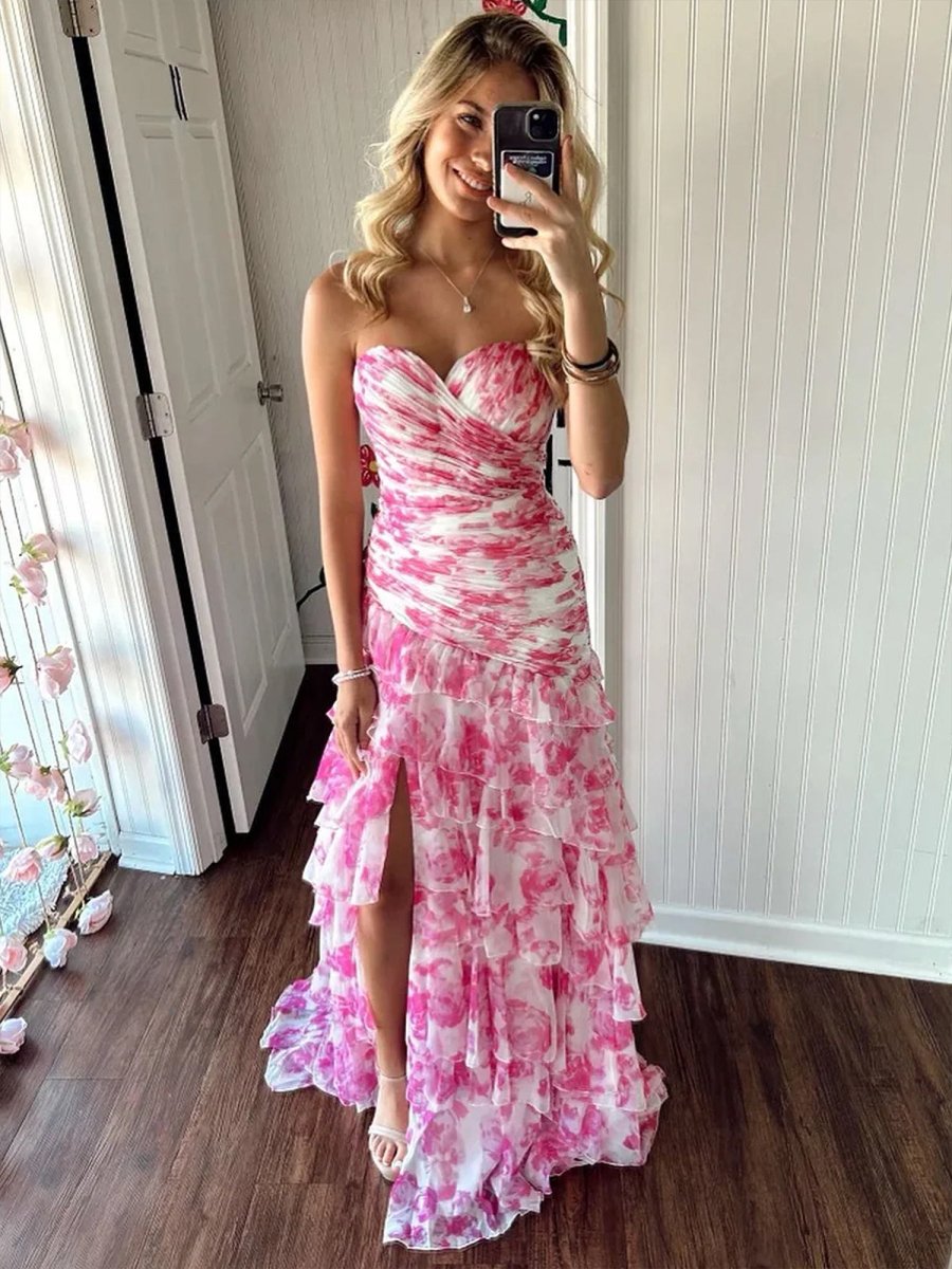Yellow Print Mermaid Ruffled Tiered Prom Dress with Slit