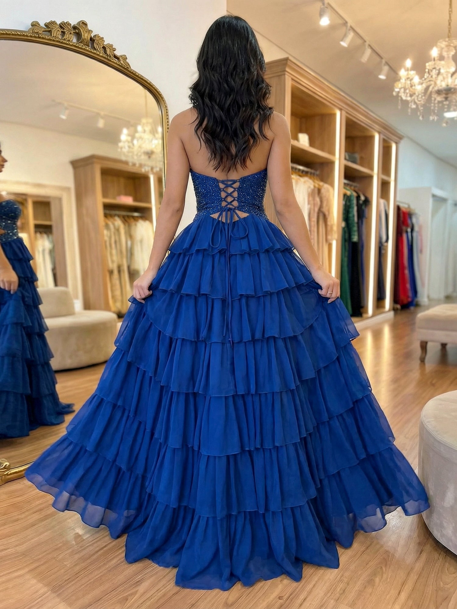 Yellow Sequined Cutout Tiered Ruffle Prom Dress with Slit