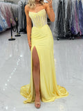 Yellow Strapless Rhinestone Corset Prom Dress with Slit