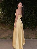 Yellow Strapless Satin A-Line Long Prom Dress