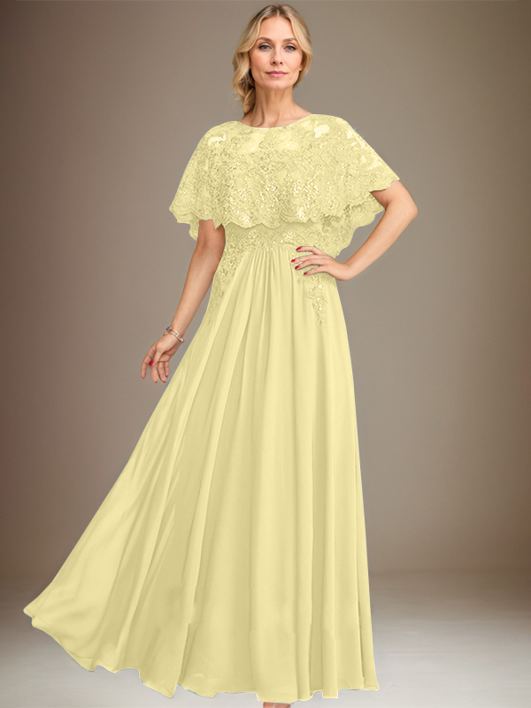 A-Linien Spitzen-Chiffon-Mutter-der-Braut-Kleid mit Bootsausschnitt, bodenlang und Applikations-Pailletten