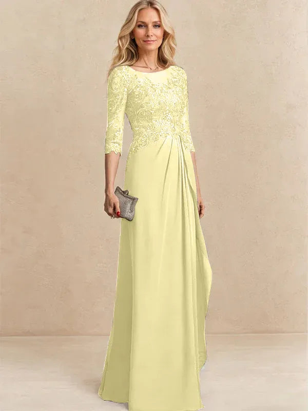 Vestido para la madre de la novia línea A con escote redondo ilusión, largo hasta el suelo, de gasa y encaje con cuentas, lentejuelas y volantes en cascada