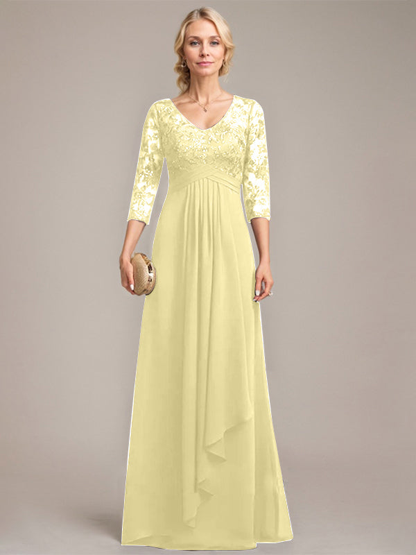 A-Linien V-Ausschnitt bodenlanges Spitzen-Chiffonkleid für die Mutter der Braut mit kaskadierenden Rüschen und Pailletten