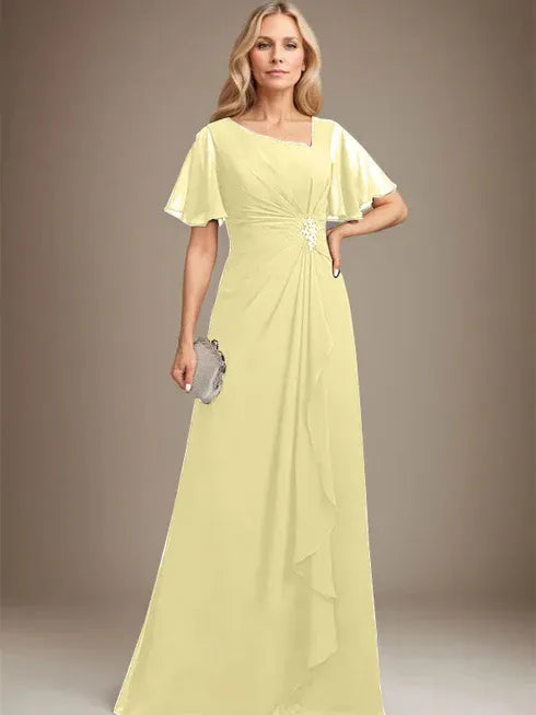 A-Linien asymmetrisches bodenlanges Chiffon Mutter-der-Braut-Kleid mit plissierten Perlen und Pailletten
