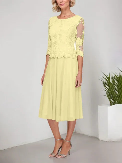 A-Linie Rundhals Tee-Länge Spitze Chiffon Mutter-der-Braut-Kleid mit Stickerei