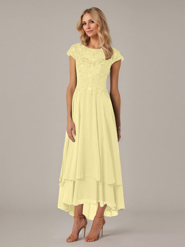 A-Linien Boot-Ausschnitt Illusions asymmetrisches Chiffon-Spitzen Mutterkleid der Braut mit Applikationsfalten