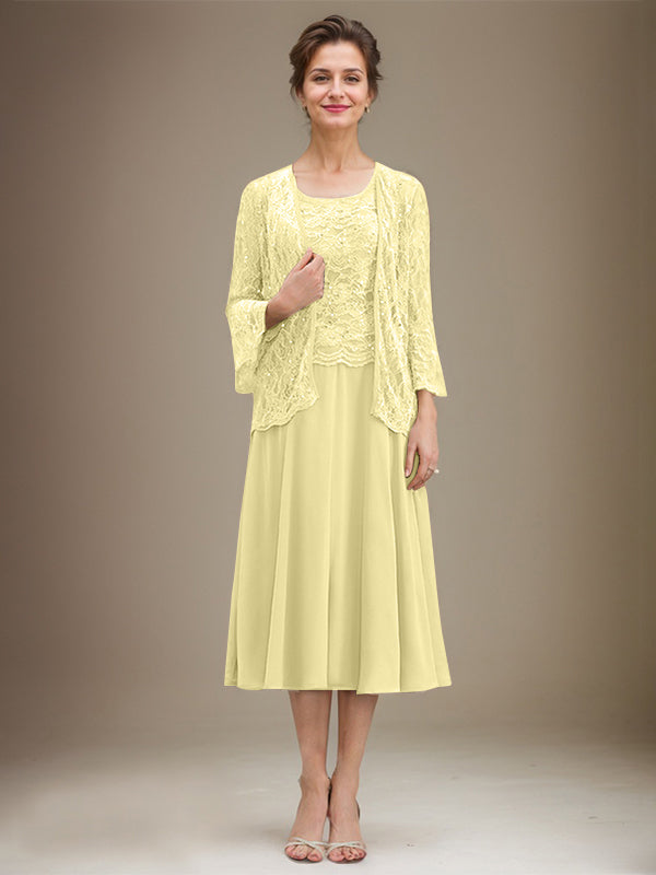 A-Linien Spitzen-Chiffon-Brautmutterkleid mit V-Ausschnitt, tea-length, mit Pailletten