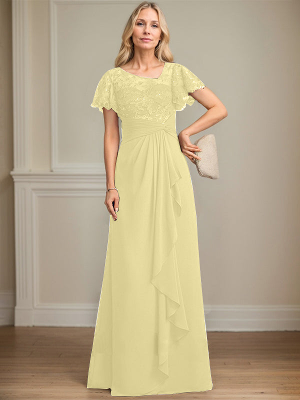 A-Linie asymmetrisches Illusions bodenlanges Spitzen-Chiffon Brautmutterkleid mit kaskadierenden Volants und Pailletten