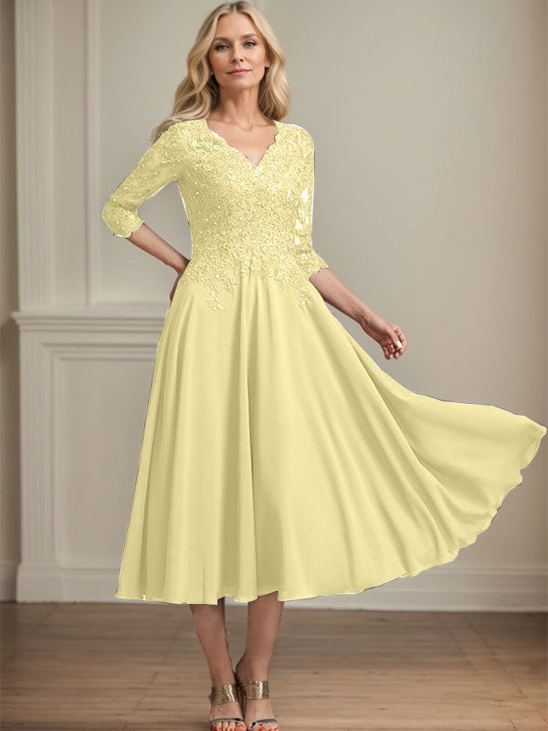 Robe de mère de la mariée en mousseline longueur thé, ligne A, col en V, en dentelle avec perles et sequins