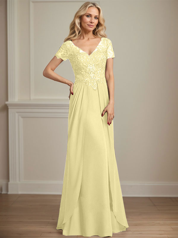 A-Linien Chiffon-Spitzen-Mutter-der-Braut-Kleid mit V-Ausschnitt, bodenlang