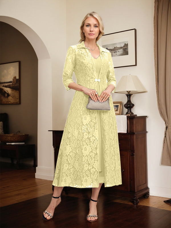 Robe mère de la mariée en mousseline longueur thé à encolure en V et coupe trapèze