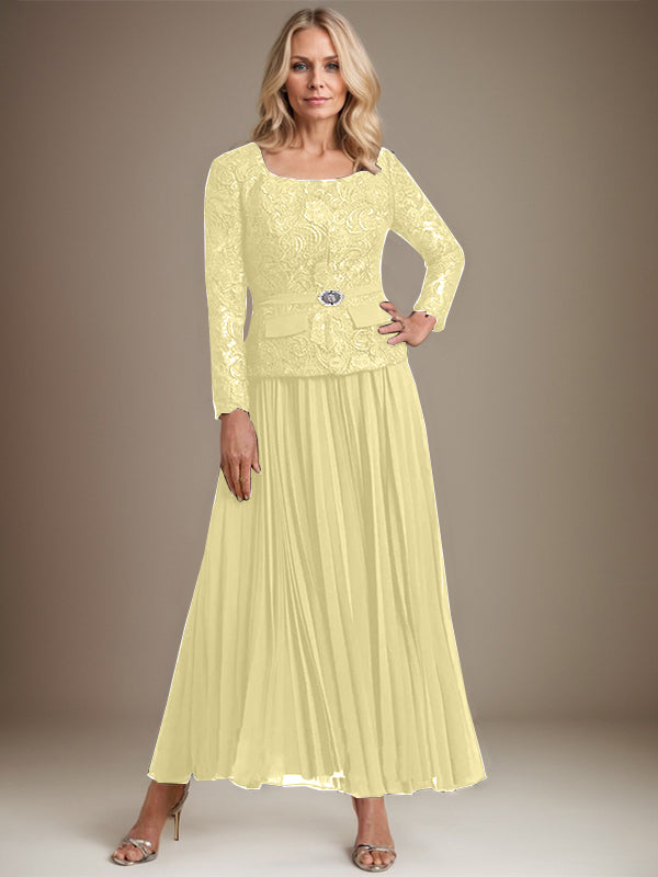 A-Linien-Kleid mit quadratischem Ausschnitt, knöchellang, Chiffon, Mutter der Braut, mit Falten