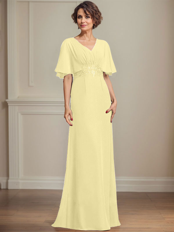 A-Linien Chiffon Mutter-der-Braut-Kleid mit V-Ausschnitt, bodenlang, mit plissierten Pailletten-Applikationen und Spitze