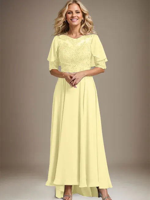 A-Linien Kleid mit Scoop-Ausschnitt, Illusion, asymmetrischem Chiffon und Spitzen, Mutter-der-Braut-Kleid mit Perlenbesatz