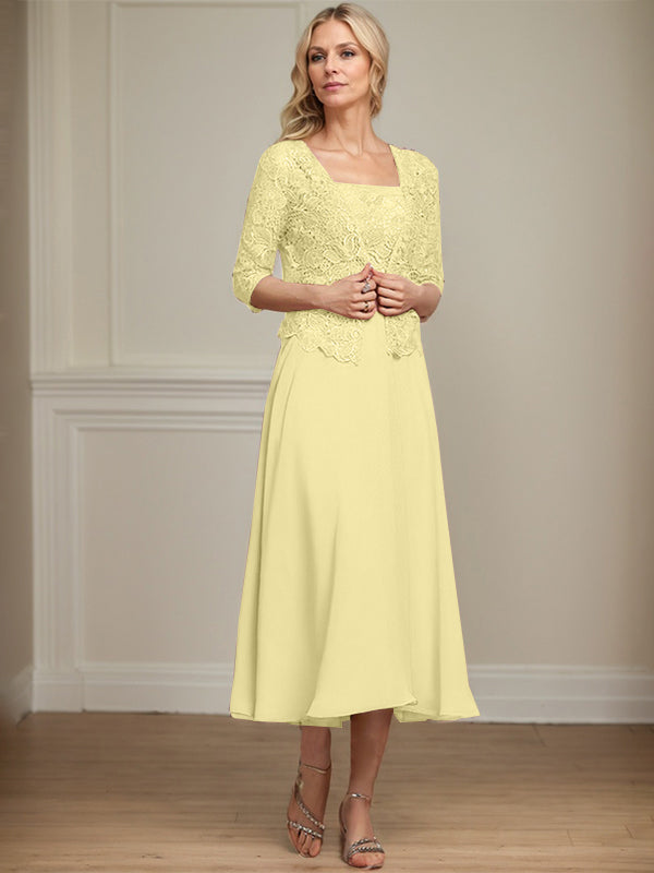 Robe de mère de la mariée en mousseline et dentelle ligne A longueur thé avec perles et sequins