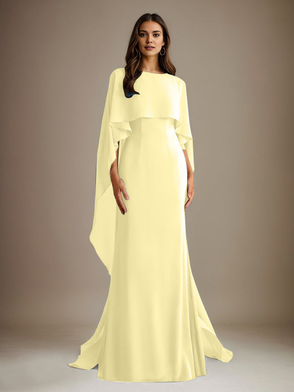 Etuikleid/Säulenkleid Bootsausschnitt bodenlanges Chiffon Mutter-des-Braut-Kleid mit kaskadierenden Rüschen