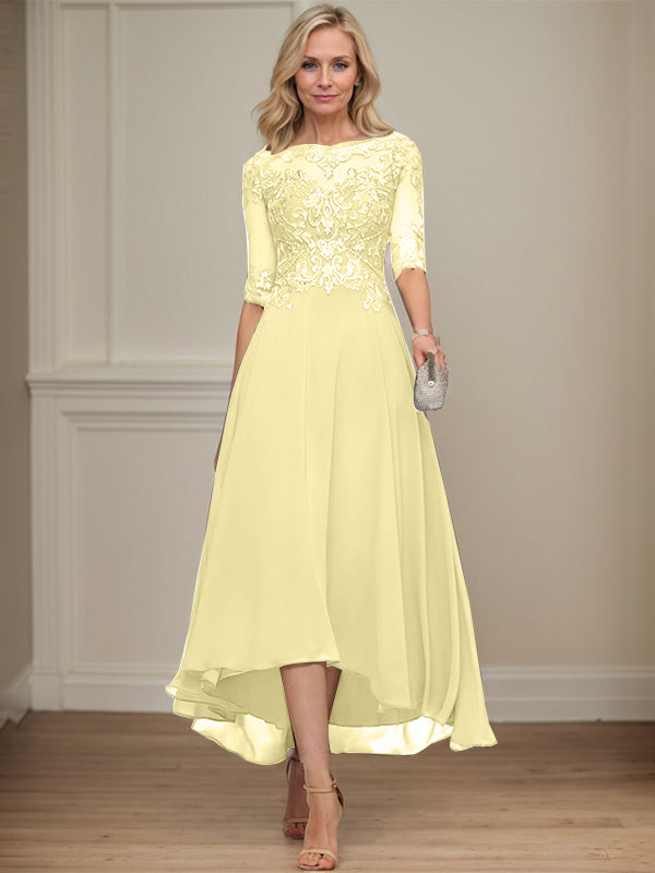 A-Linien Bootsausschnitt Illusionskleid mit asymmetrischem Chiffon-Spitzenstoff, Mutter-der-Braut-Kleid mit Paillettenperlen