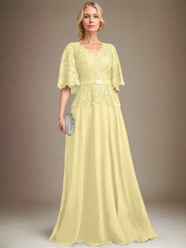 A-Linien V-Ausschnitt Bodenlanges Chiffon-Spitzen Mutter-der-Braut-Kleid mit Kristallbrosche und Strass