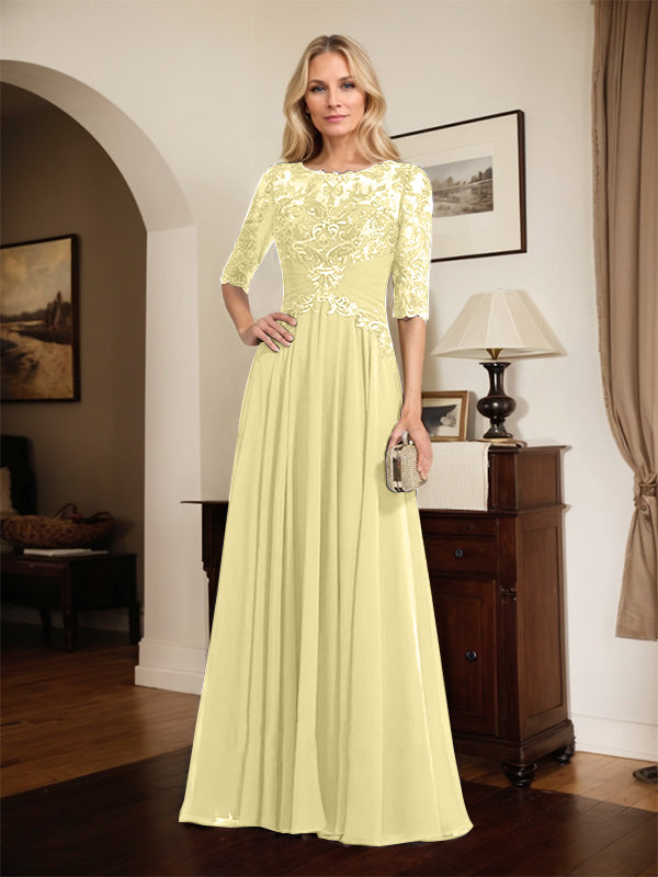 A-Linien Ausschnitt Illusions-Bodenlanges Chiffon-Spitzenkleid für die Mutter der Braut mit plissierten Pailletten