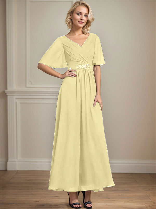 A-Linien V-Ausschnitt Knöchellanges Chiffon Kleid für die Brautmutter mit plissierten Perlen und Pailletten