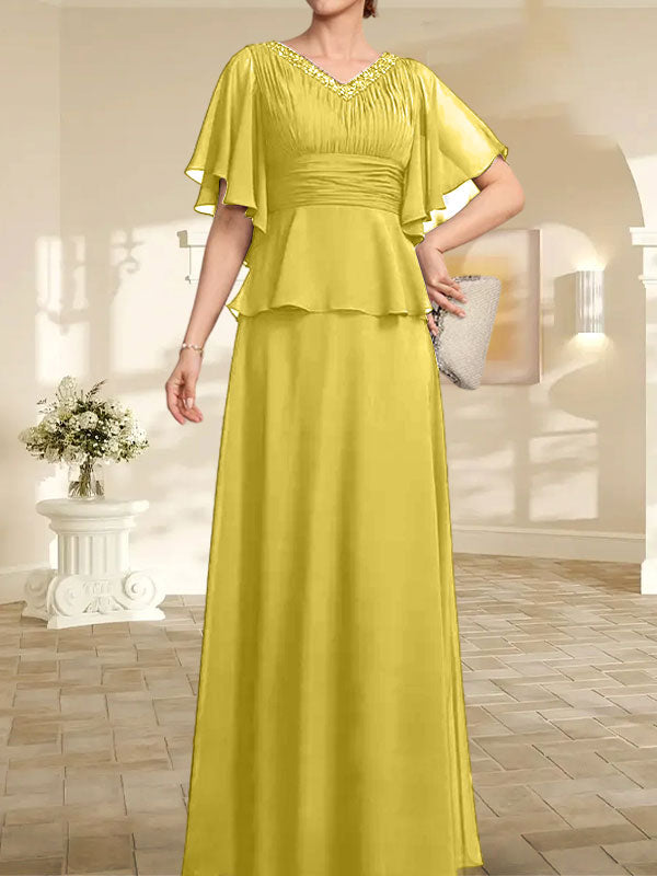 Robe mère de la mariée ligne A en chiffon longue au sol avec décolleté en V et perles plissées