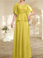 Robe mère de la mariée ligne A en chiffon longue au sol avec décolleté en V et perles plissées