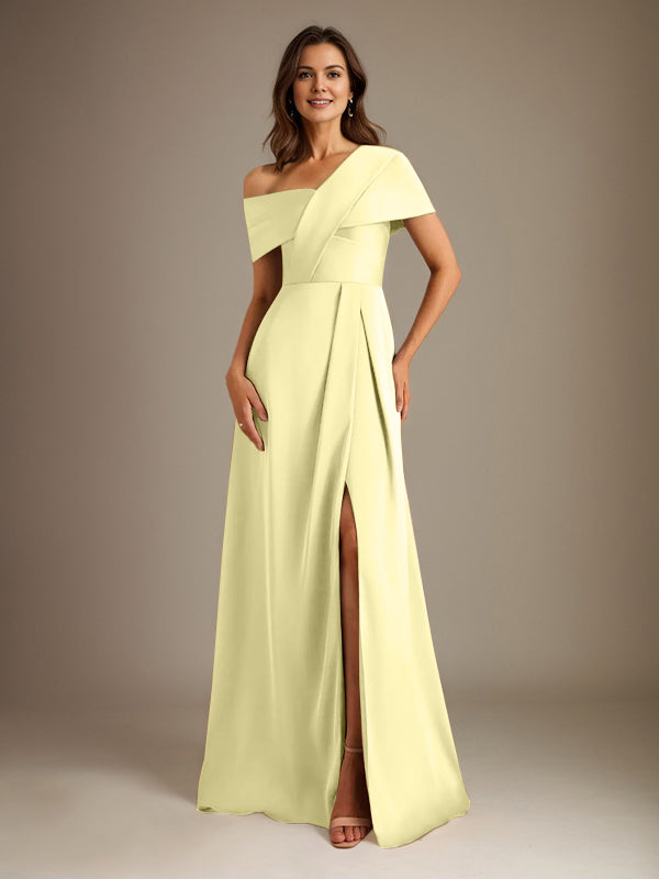 A-Linien asymmetrischer Ausschnitt bodenlanges Satin-Brautkleid für die Brautmutter mit Falten