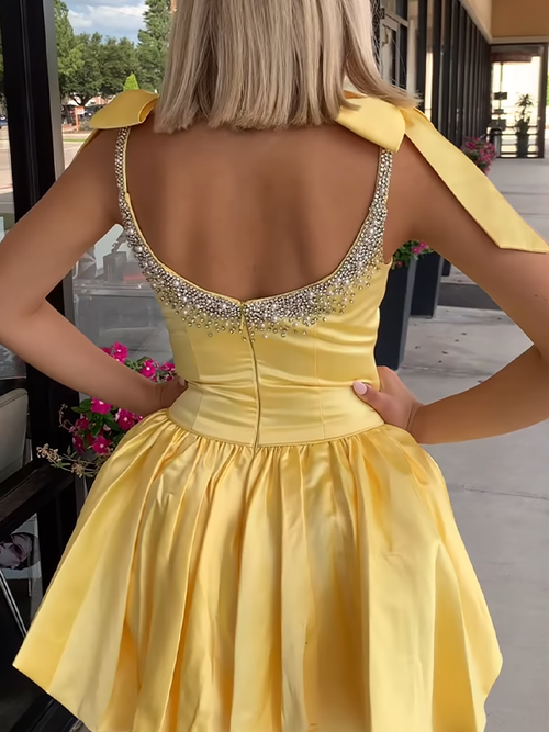 Yellow A-Line Bateau Bow Straps Satin Beaded Homecoming Dress