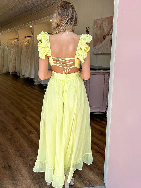 Robe de bal jaune ligne A en mousseline à col en V avec bretelles volantées
