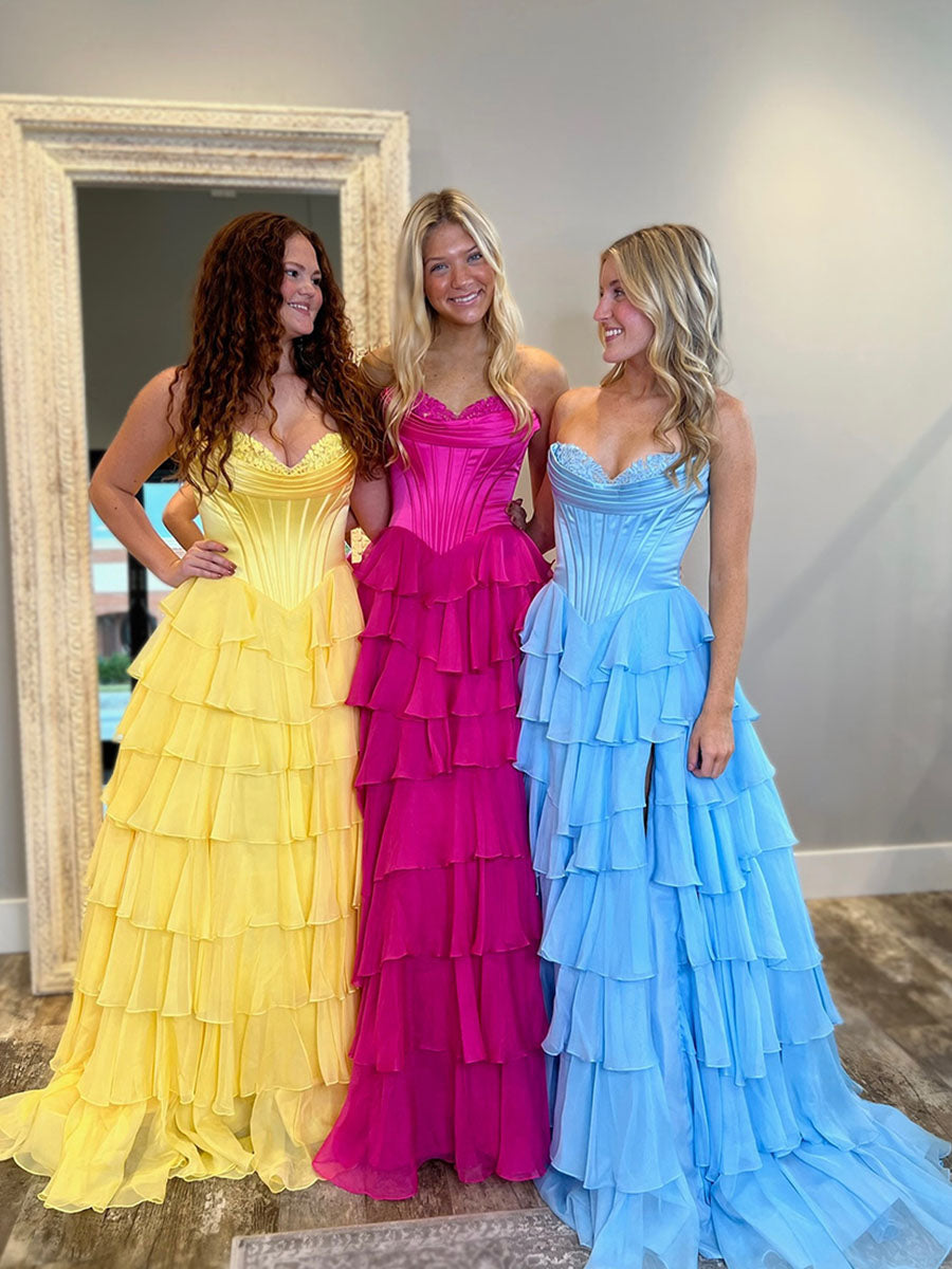 Gelbes A-Linien Trägerloses Satin Korsett Langes Ballkleid mit Rüschensaum