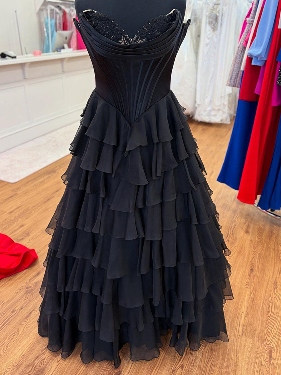 Gelbes A-Linien Trägerloses Satin Korsett Langes Ballkleid mit Rüschensaum